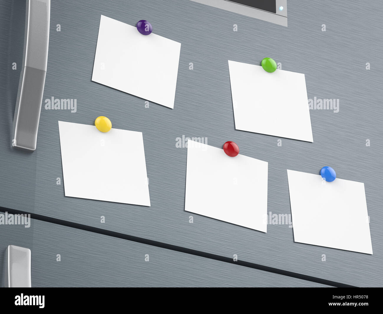 3D Rendering leer Notizen am Kühlschrank Stockfoto