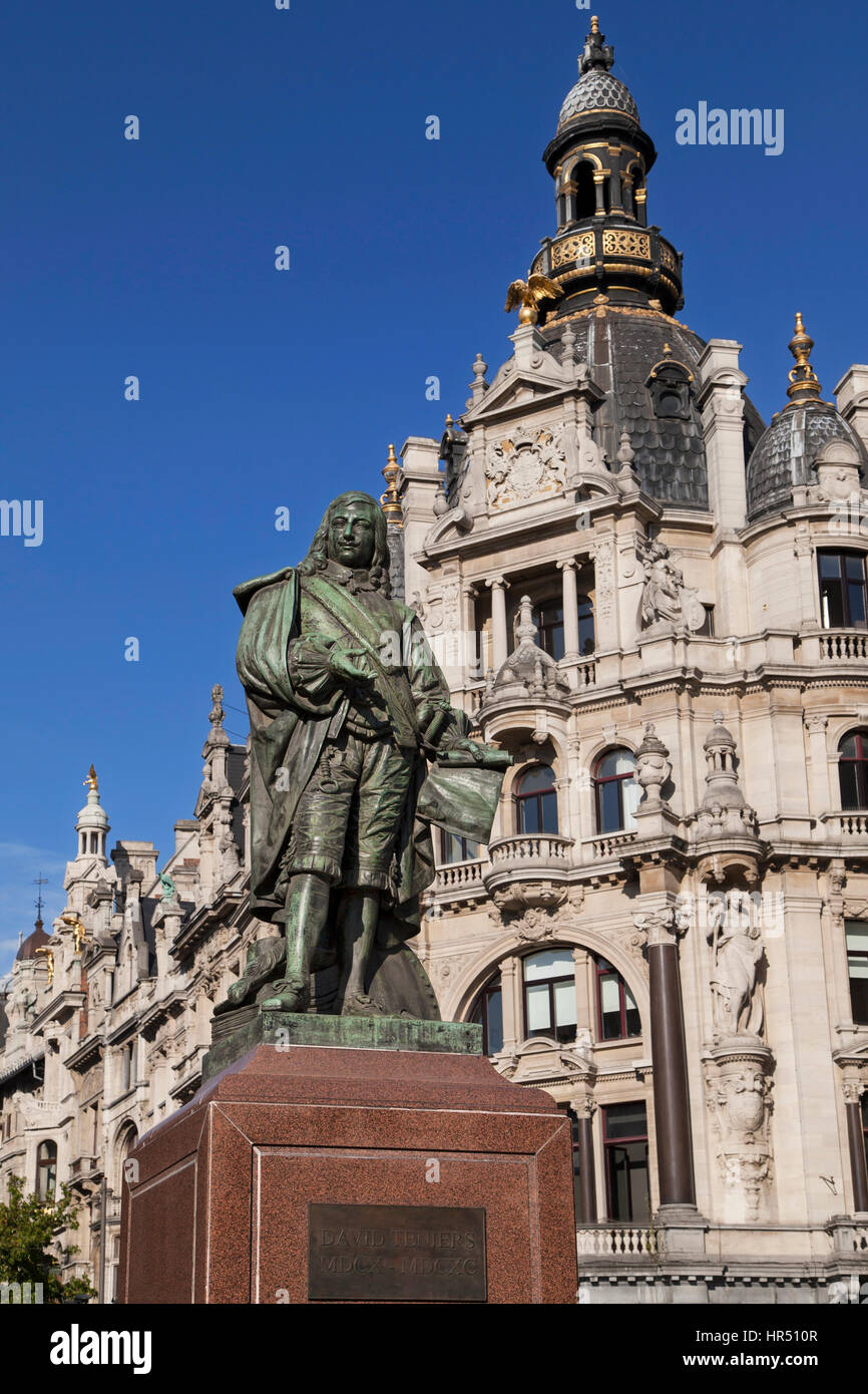 Skulptur von David Teniers der jüngere im Stadtzentrum von Antwerpen, Belgien. Stockfoto