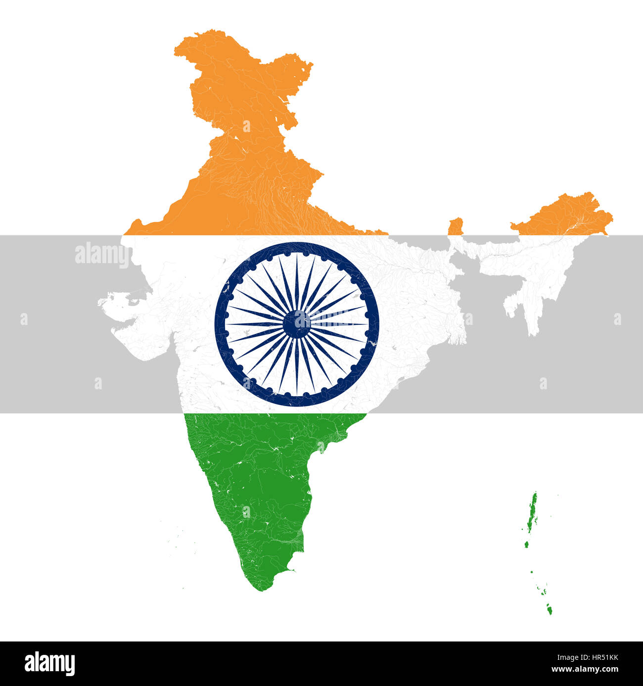 Karte von Indien mit Flüssen und Seen in den Farben der Nationalflagge Indiens... Karte besteht aus separaten Karten der Bundesstaaten und Unionsterritorien tha Stockfoto