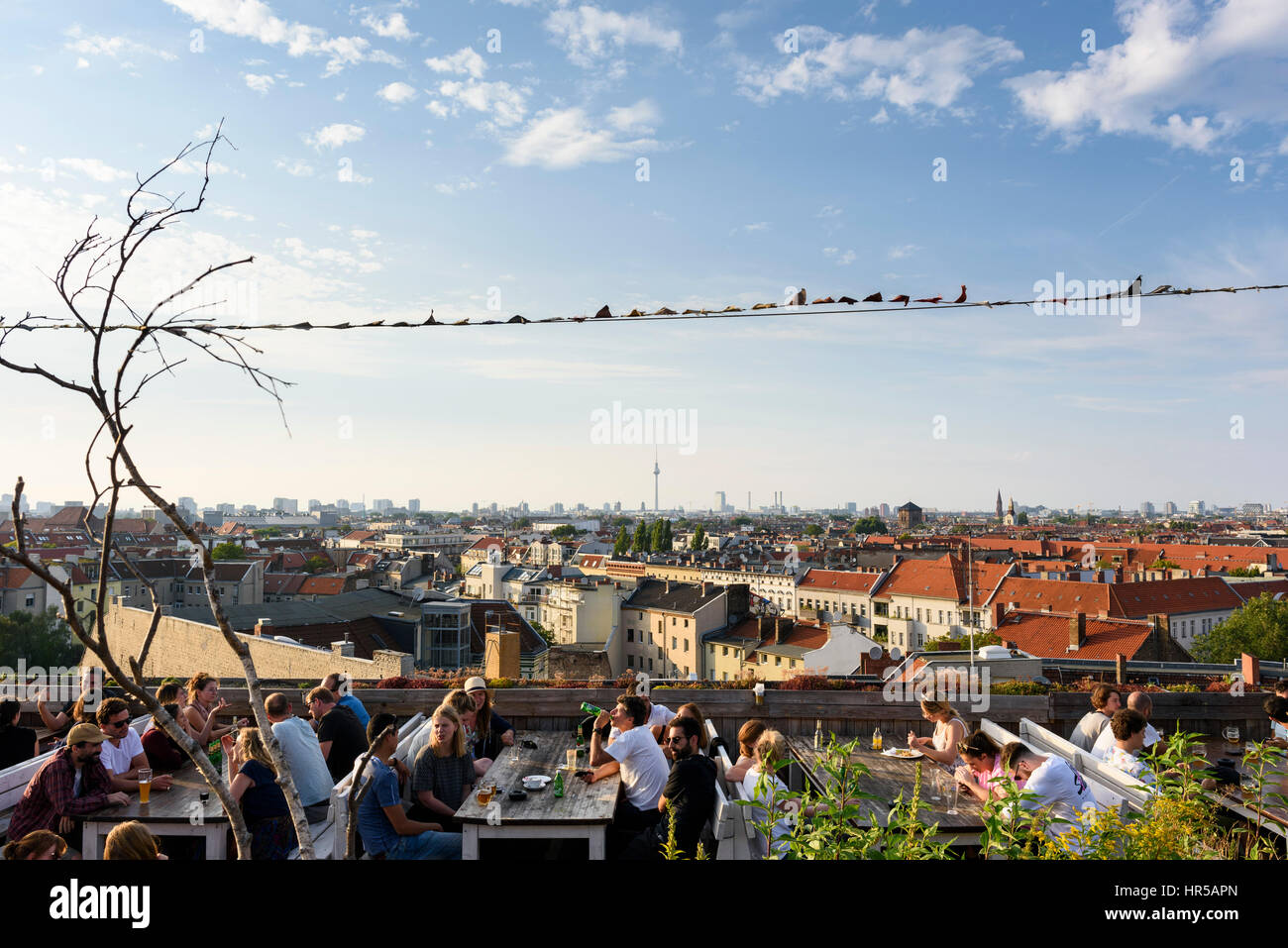 Berlin. Deutschland. Menschen genießen den Blick auf die Berliner Skyline aus der Klunkerkranich Rooftop Bar in Neukölln. Stockfoto