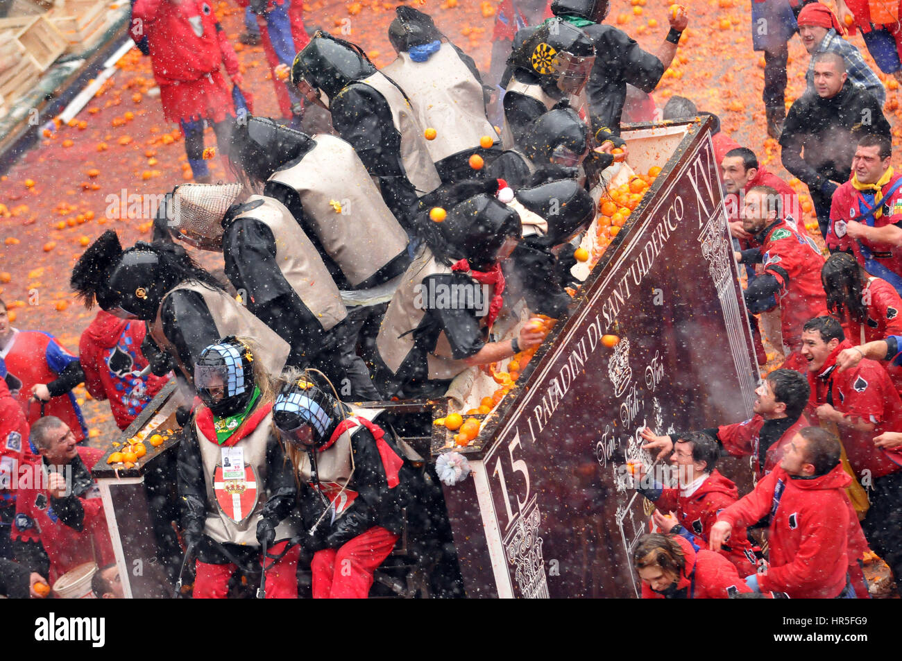 Ivrea Karneval, Momente aus der Schlacht von Organen Stockfoto