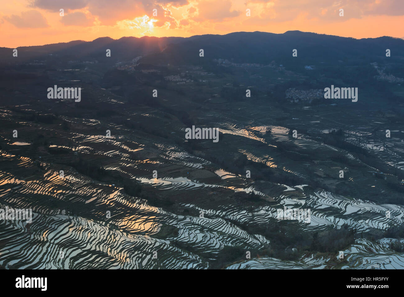 Sonnenuntergang über Reisterrassen von YuanYang in Yunnan, China, eines der jüngsten UNESCO-Welterbestätten Stockfoto