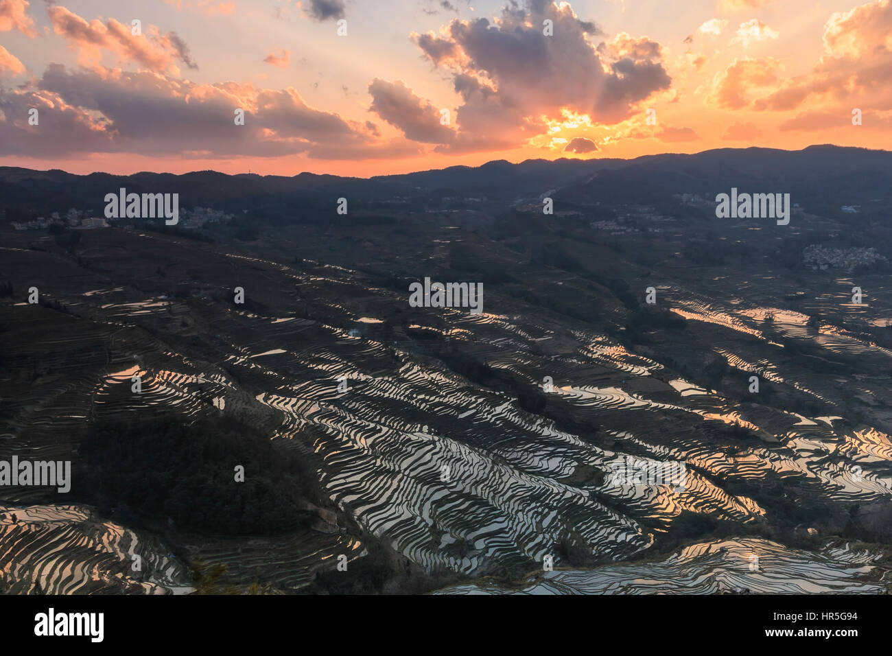 Sonnenuntergang über Reisterrassen von YuanYang in Yunnan, China, eines der jüngsten UNESCO-Welterbestätten Stockfoto