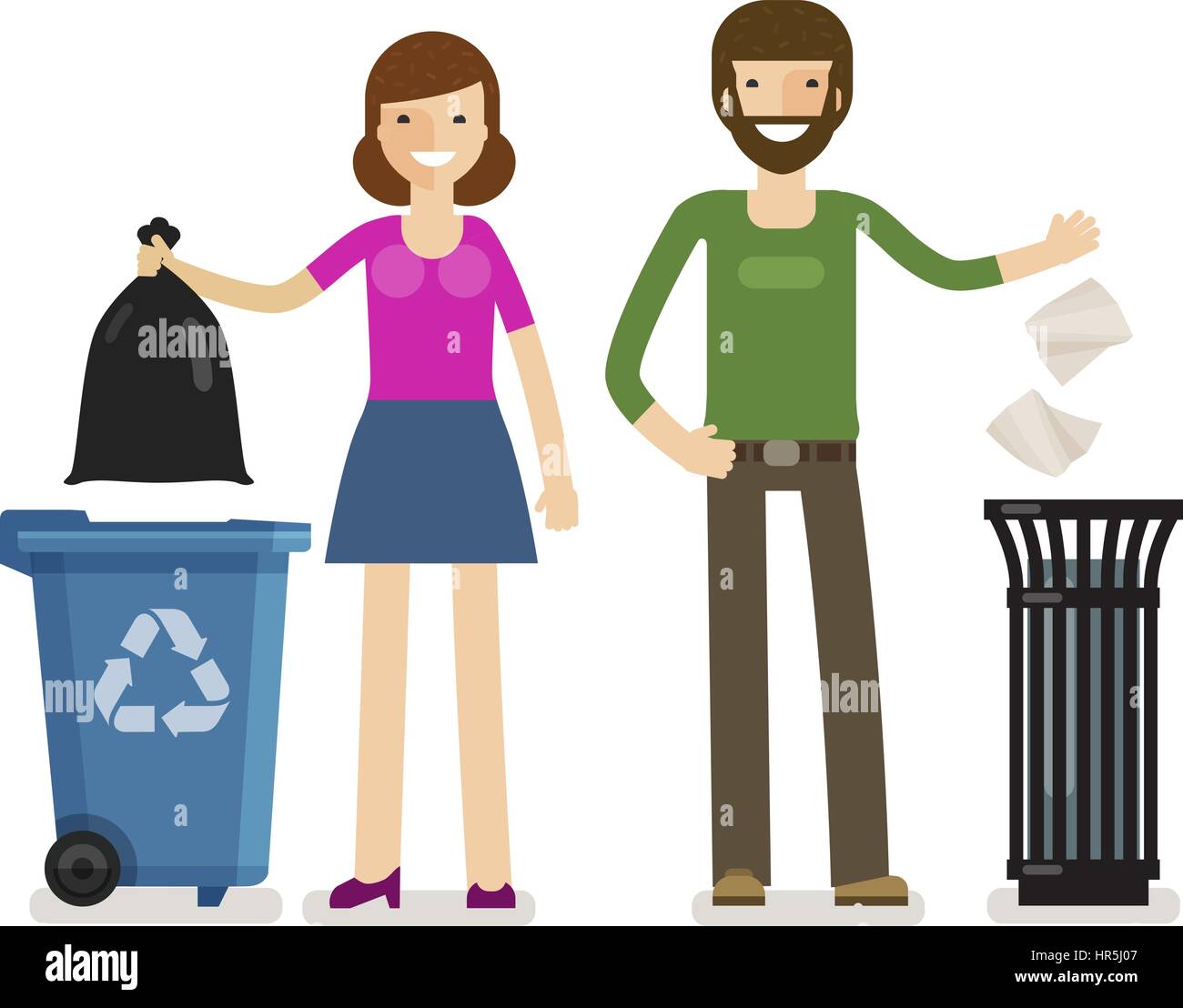 Mann, wirft Frau Müll in den Mülleimer. Ökologie, Müll-Beseitigung-Vektor-illustration Stock Vektor