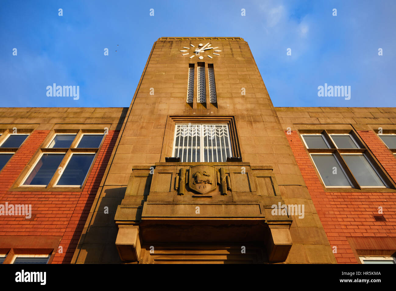 Alten dock Wahrzeichen Büros Preston Docklands Art-Deco-Stil Ziegel Büros Gebäude außen Clocktower Ashton auf Ribble Flussufer Docklands, Lancashir Stockfoto
