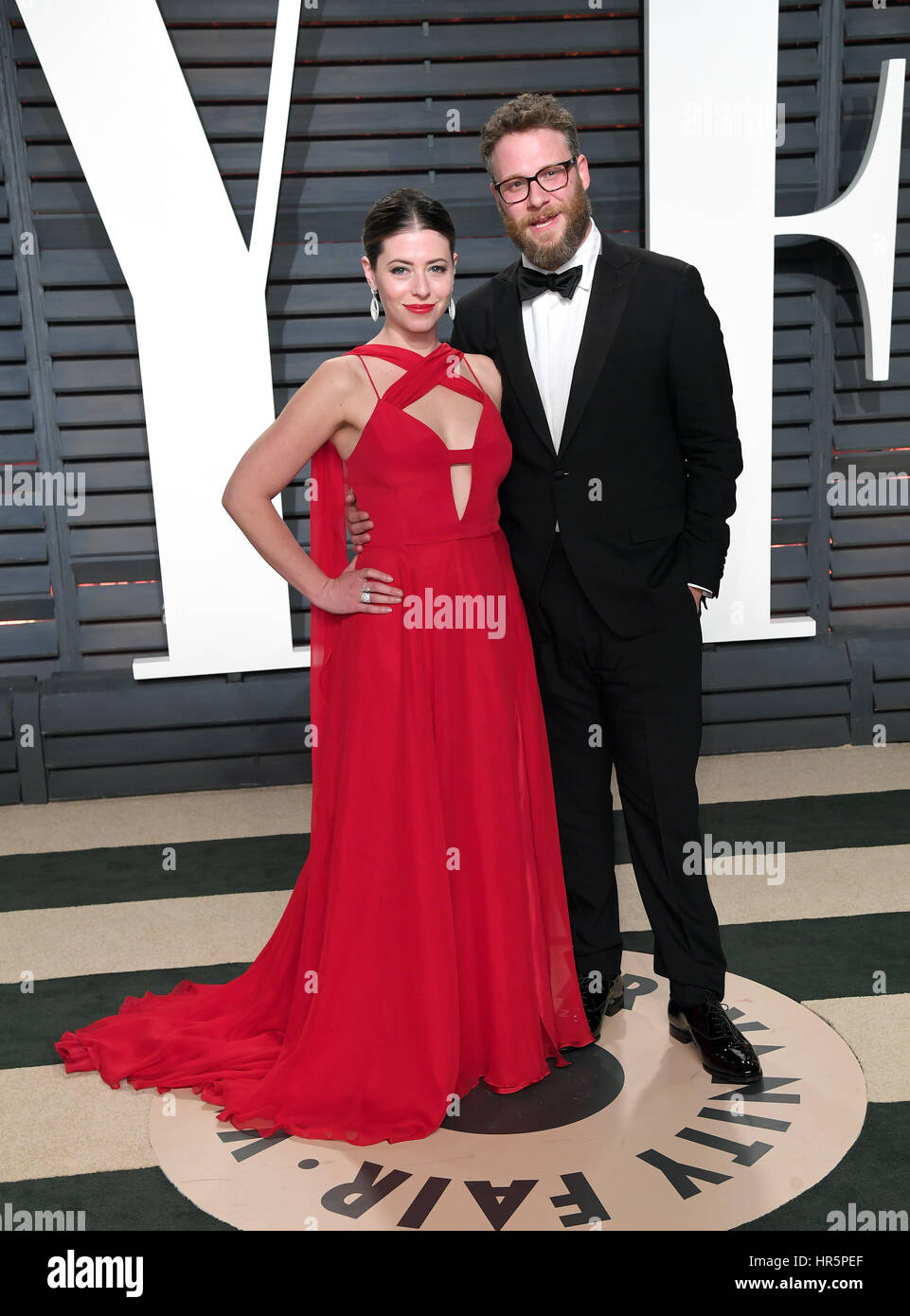 Seth Rogen und Lauren Miller Ankunft in der Vanity Fair Oscar Party im Beverly Hills, Los Angeles, USA. Stockfoto
