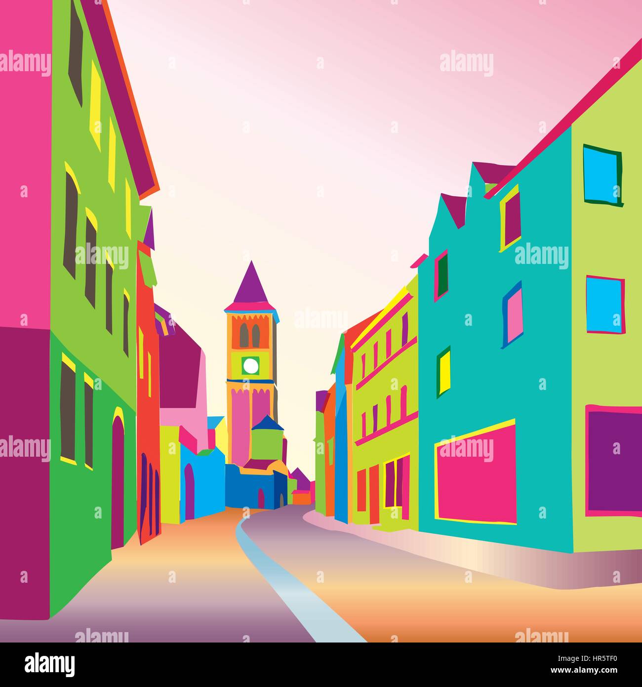 Funky Reise. Fußgängerzone in europäischen Stadt. bunte Panorama City vector Hintergrund im 60er Jahre Stil Pop. Stock Vektor