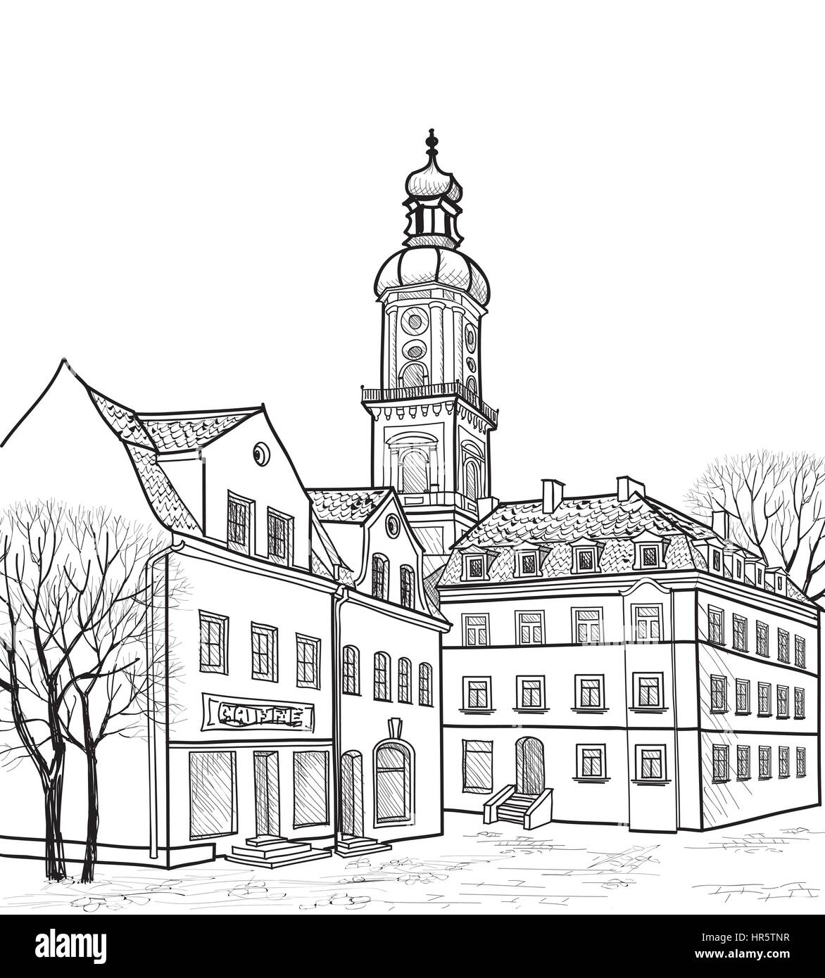 Street View in Altstadt. Stadtbild - Häuser, Gebäude und Baum auf Gasse. mittelalterlichen europäischen Landschaft. Stock Vektor