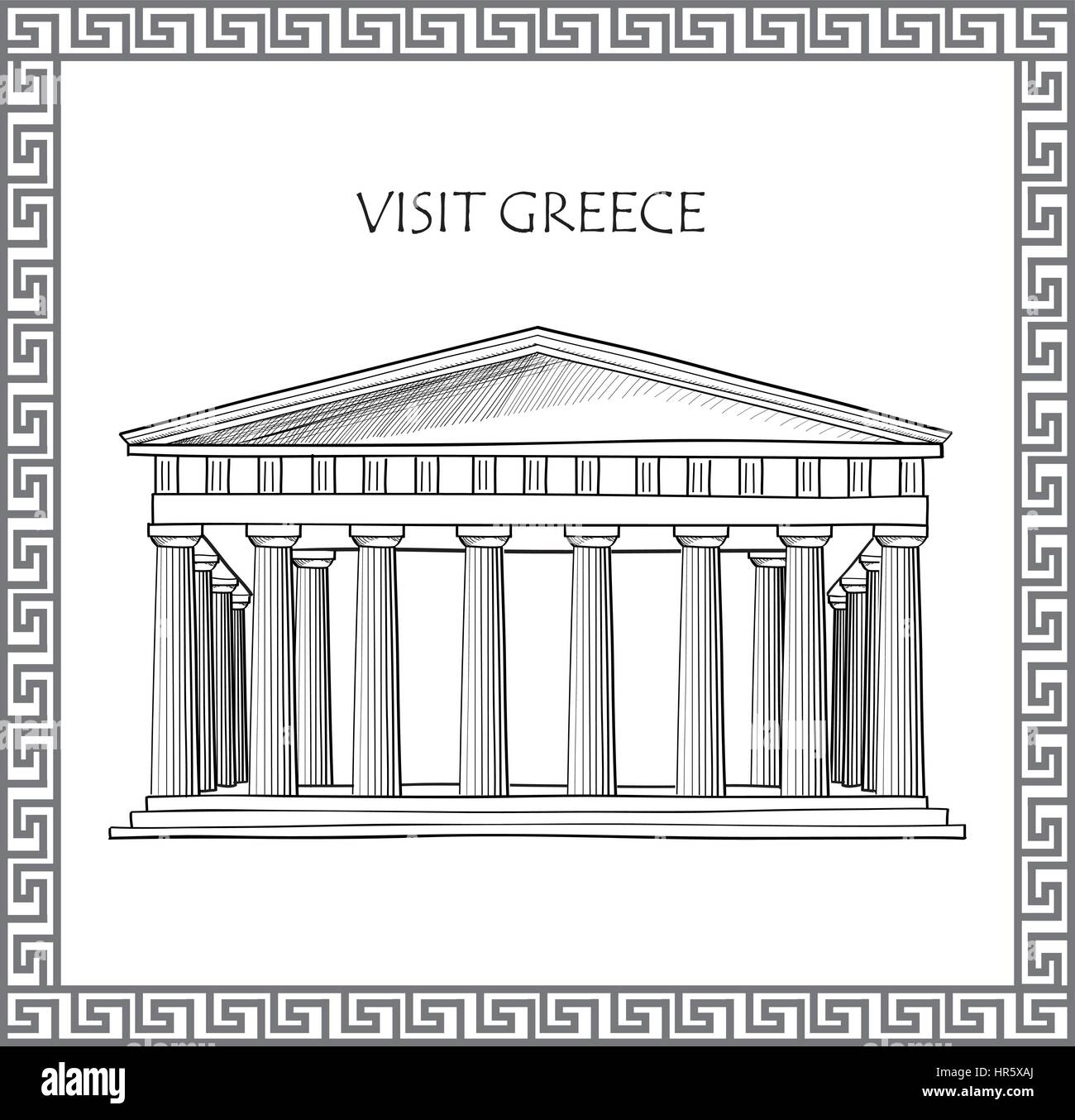 Die Akropolis in Athen, Griechenland. besuchen sie Griechenland Karte. Zierpflanzen traditionelle griechische Vektor Rahmen. Stock Vektor