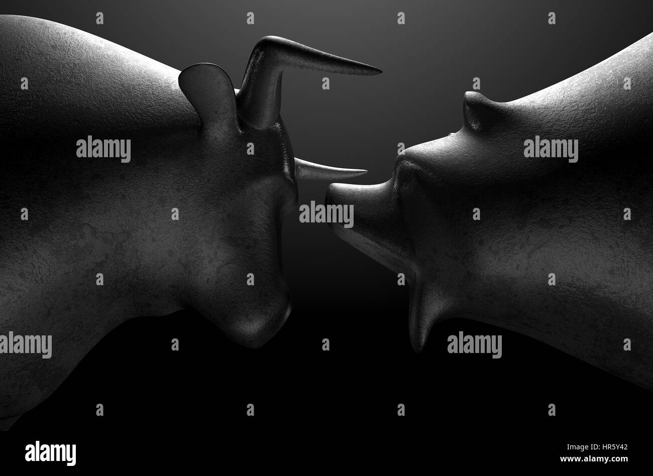 Eine Nahaufnahme von zwei Metall Gussteile mit einem stilisierten Stier gegen einen Bären in dramatische Licht repräsentieren Finanzmarkt Trends auf eine isolierte dunklen Stockfoto