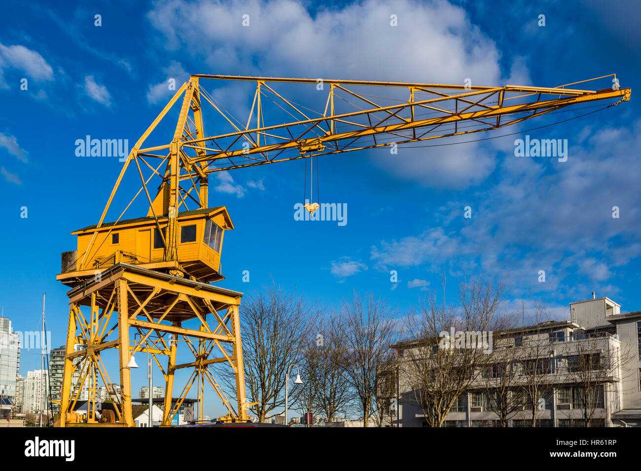 Alten Industriekran, Granville Island, Vancouver, Britisch-Kolumbien, Kanada Stockfoto
