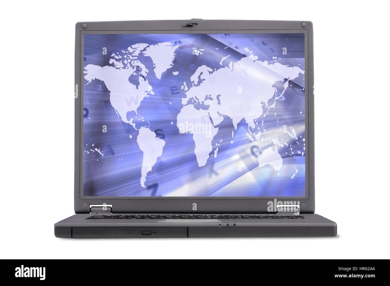 Laptop-Ansicht von vorne mit einem abstrakten Weltkarte auf dem Bildschirm Stockfoto