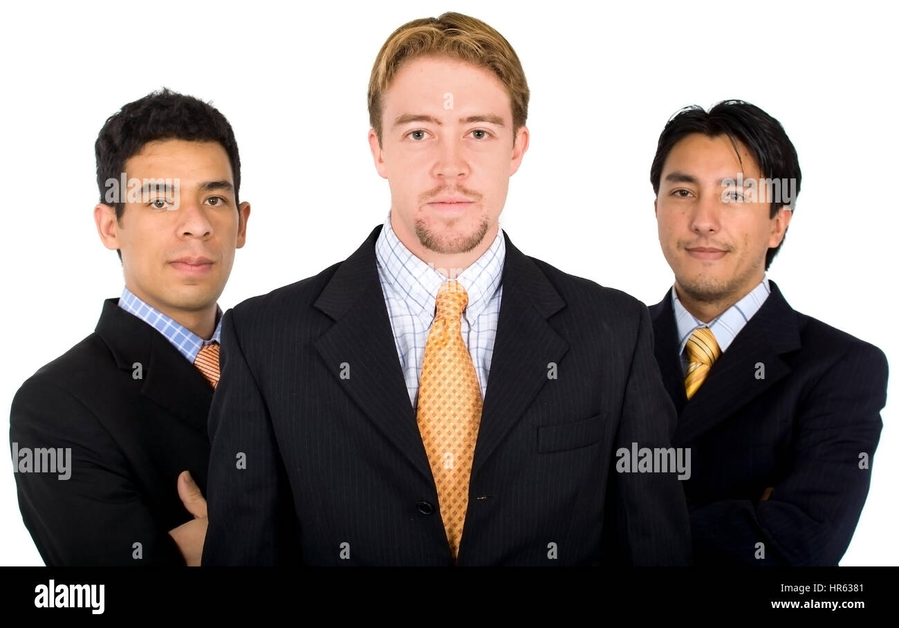 männliche nur Business-Team führen von einem kaukasischen Mann mit zwei Lateinamerikaner Stockfoto