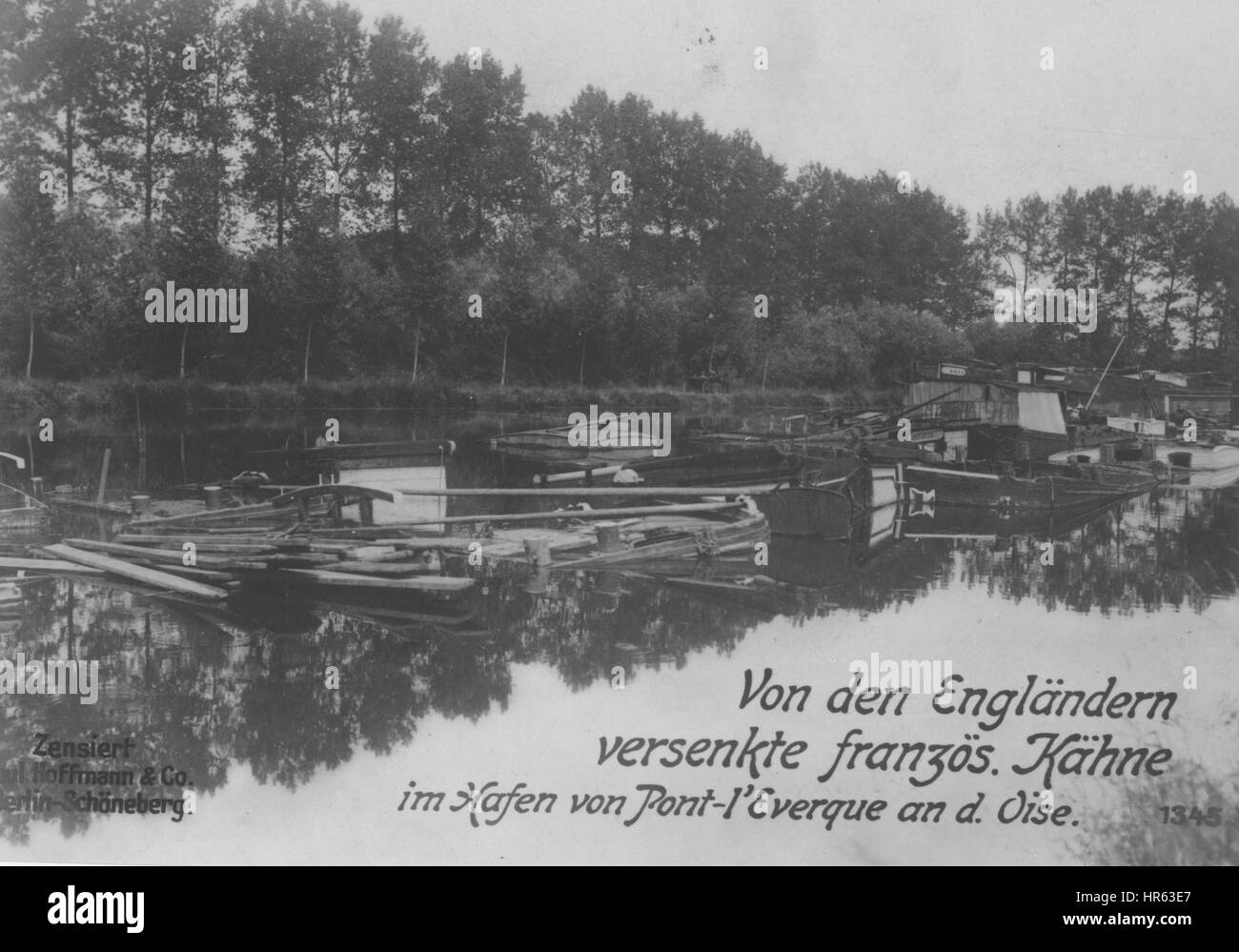 Englische Schiffe versenkt durch die Franzosen in Pont-l'Everque, Normandie, im ersten Weltkrieg, 1915. Von der New York Public Library. Stockfoto