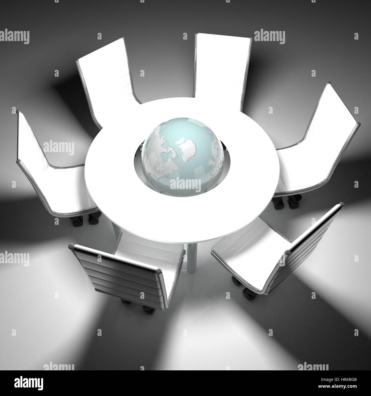 Weltkugel in Mitte der Besprechungstisch, 3D-Rendering Stockfoto