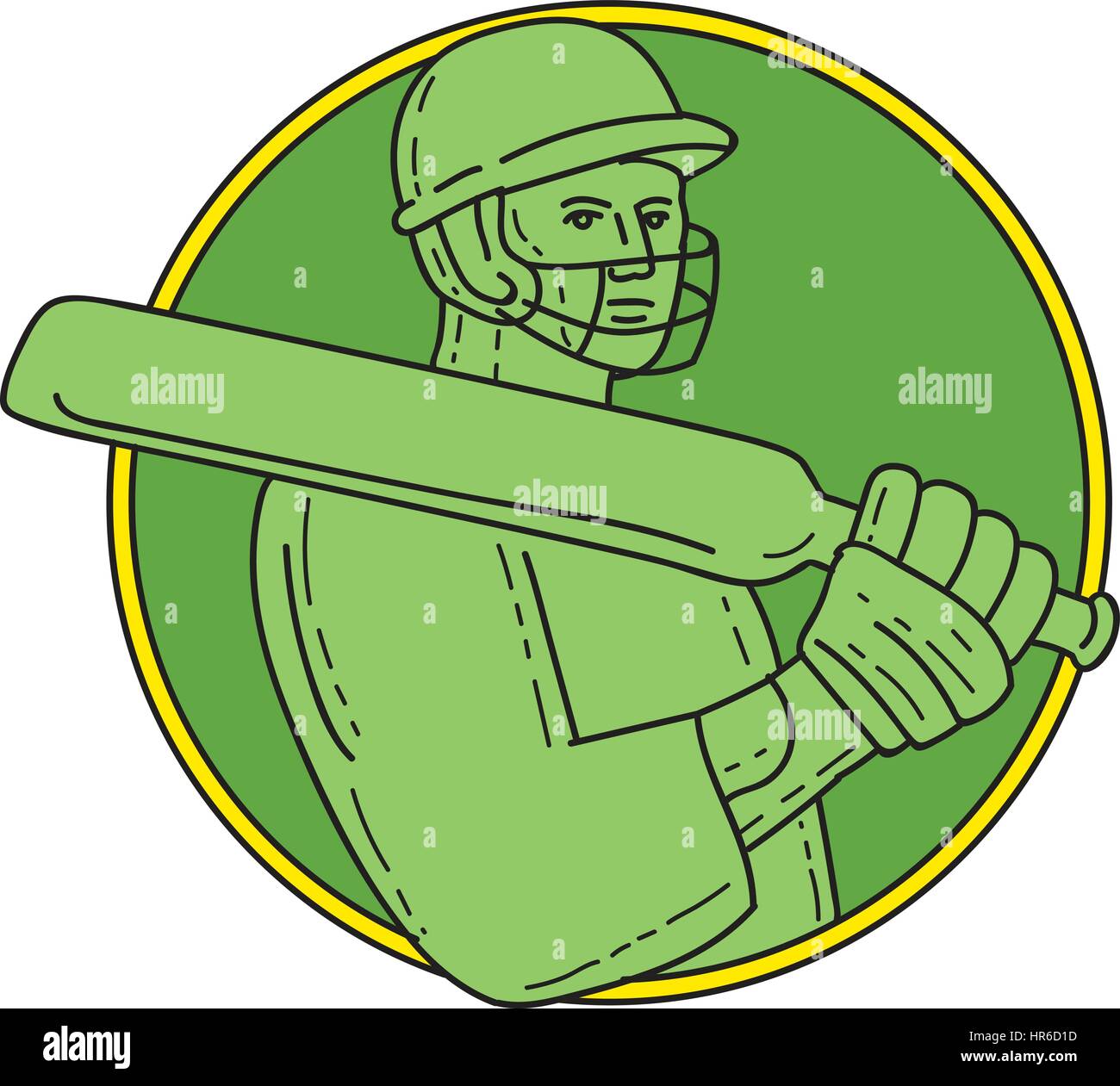 Mono line Stil Illustration ein Cricket-Spieler Schlagmann Helm holding Fledermaus auf Schulter von vorne Satz im inneren Kreis auf isolierte Backgr betrachtet Stock Vektor