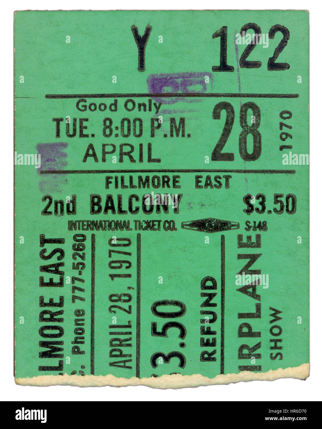Ticket-Stub von Jefferson Airplane erklingt in Fillmore East in New York City am 28. April 1970 Stockfoto