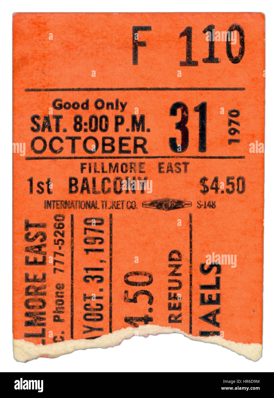 Ticket-Stub von Lee Michaels erklingt in Fillmore East in New York City am 31. Oktober 1970 Stockfoto