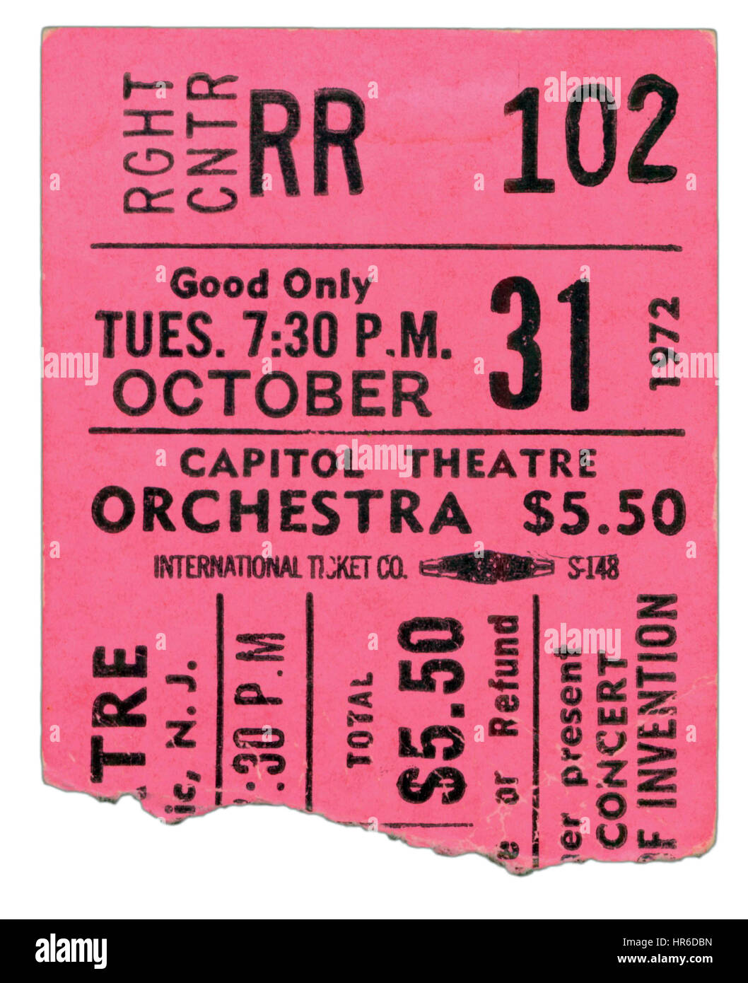 Ticket-Stub von Frank Zappa und die Mothers of Invention Durchführung im Capitol Theatre in New York City am 31. Oktober 1972 Stockfoto