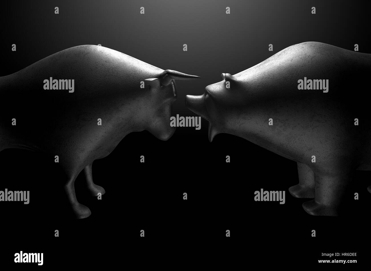 Eine Nahaufnahme von zwei Metall Gussteile mit einem stilisierten Stier gegen einen Bären in dramatische Licht repräsentieren Finanzmarkt Trends auf eine isolierte dunklen Stockfoto