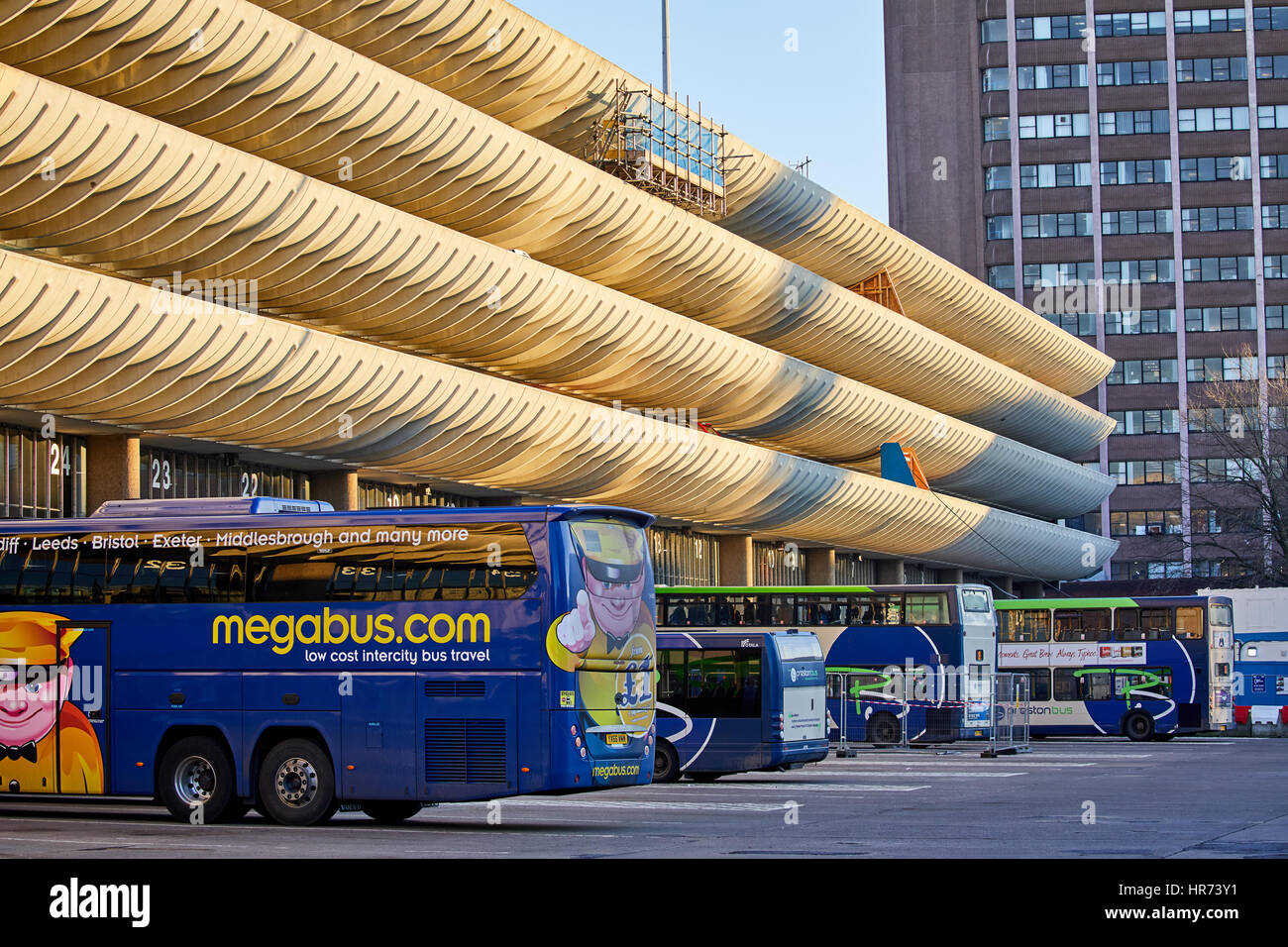 äußere modernistischen Brutalist entwarf Preston Bus Station Denkmalgeschützte Design Keith Ingham Charles Wilson Building Design Partnership Stockfoto