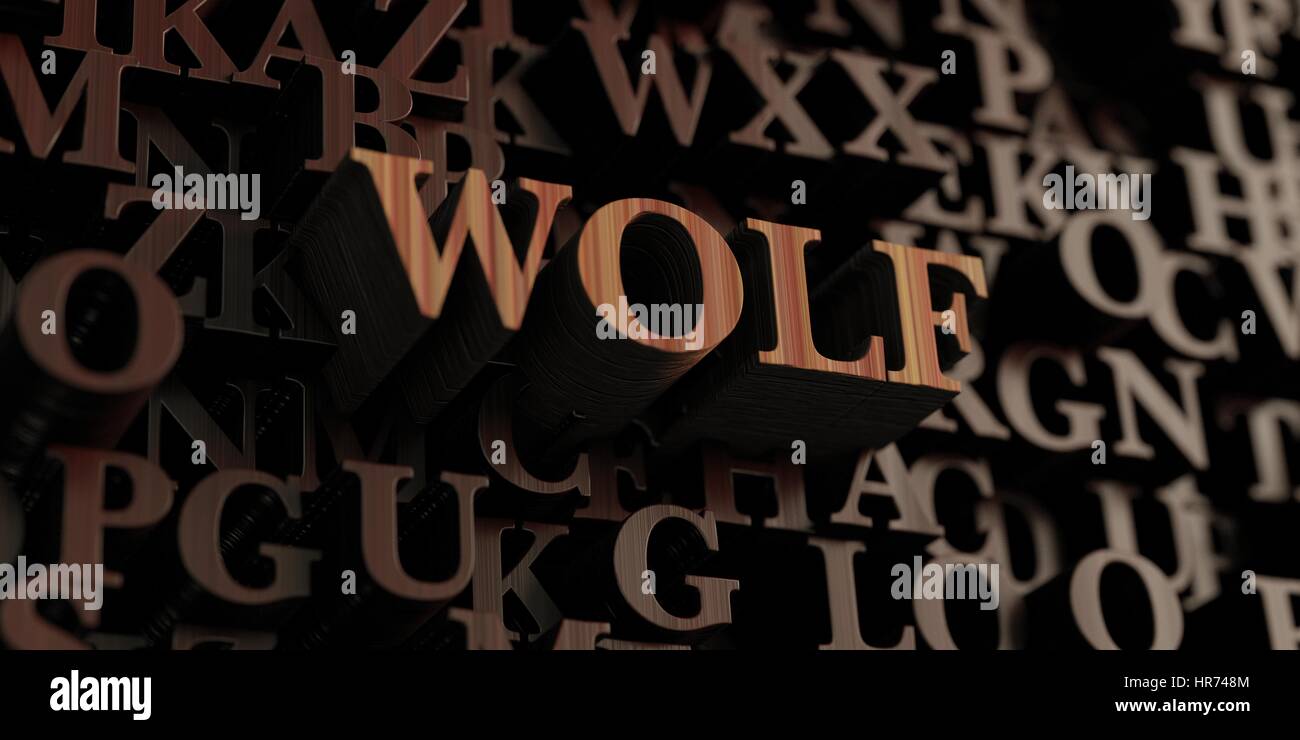 Wolf - gerendert aus Holz 3D Buchstaben/Nachricht.  Einsetzbar für ein Online-Banner oder eine gedruckte Postkarte. Stockfoto