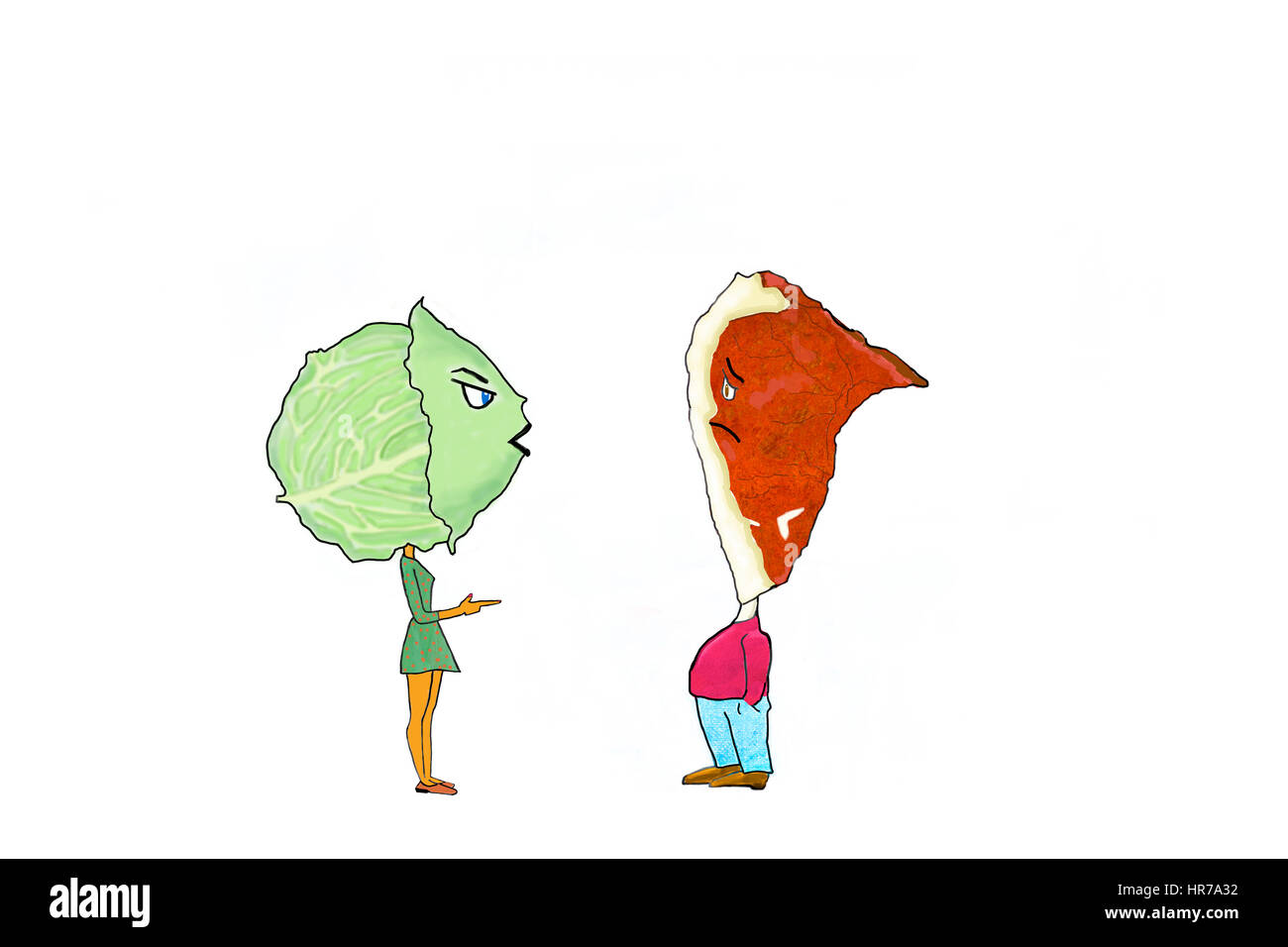 Eine Abbildung einer Kohl Kopf Frau und ein Kotelett Kopf Mann. Konzept, gesunde Ernährung und schlechte Ernährung. Stockfoto