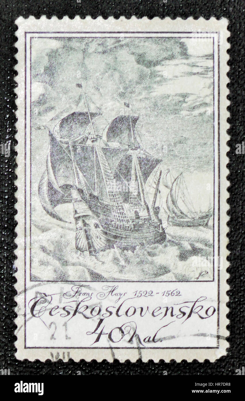 Moskau, Russland - 7. Januar 2017: Eine Briefmarke gedruckt in Tschechoslowakei zeigt Huys, Frans (1522-1562) Schiffe Sammlung, ca. 1976 Stockfoto