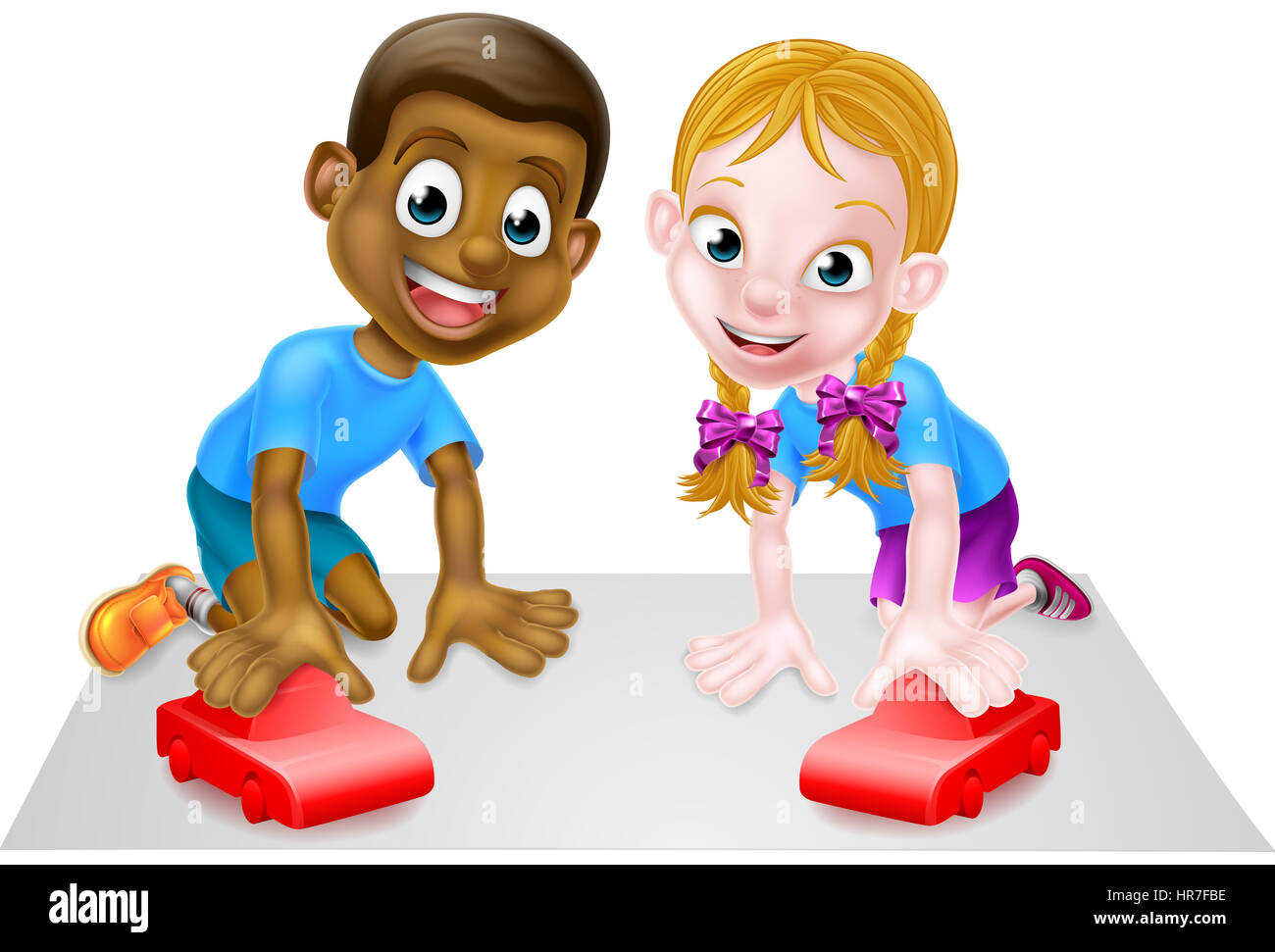 Ein Junge und Mädchen spielen mit ihren roten Spielzeugautos. Stockfoto