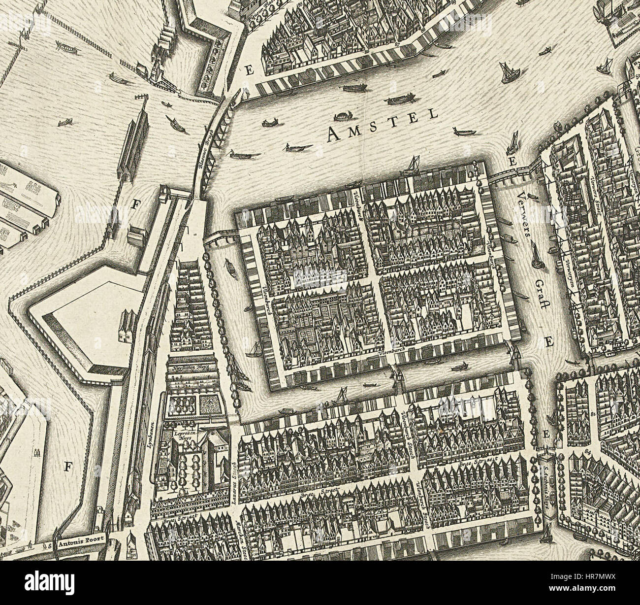 „Vlooienburg, 1625“ ist ein historisches Stück, das die Stadtlandschaft oder das Ereignis widerspiegelt, das in Amsterdam während des frühen 17. Jahrhunderts stattfand. Es könnte ein wichtiges Dokument oder eine künstlerische Darstellung des Lebens in dieser Zeit sein. Stockfoto