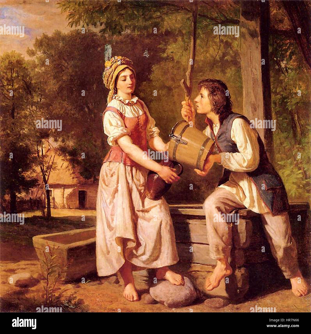 „Przy studni“ von Wojciech Gerson zeigt eine ländliche Szene mit einem Brunnen, mit einer Bauerin, die Wasser zieht. Das Gemälde fängt die Einfachheit des ländlichen Lebens im Polen des 19. Jahrhunderts ein und betont den Naturalismus und die Verbindung zwischen Mensch und Natur. Stockfoto