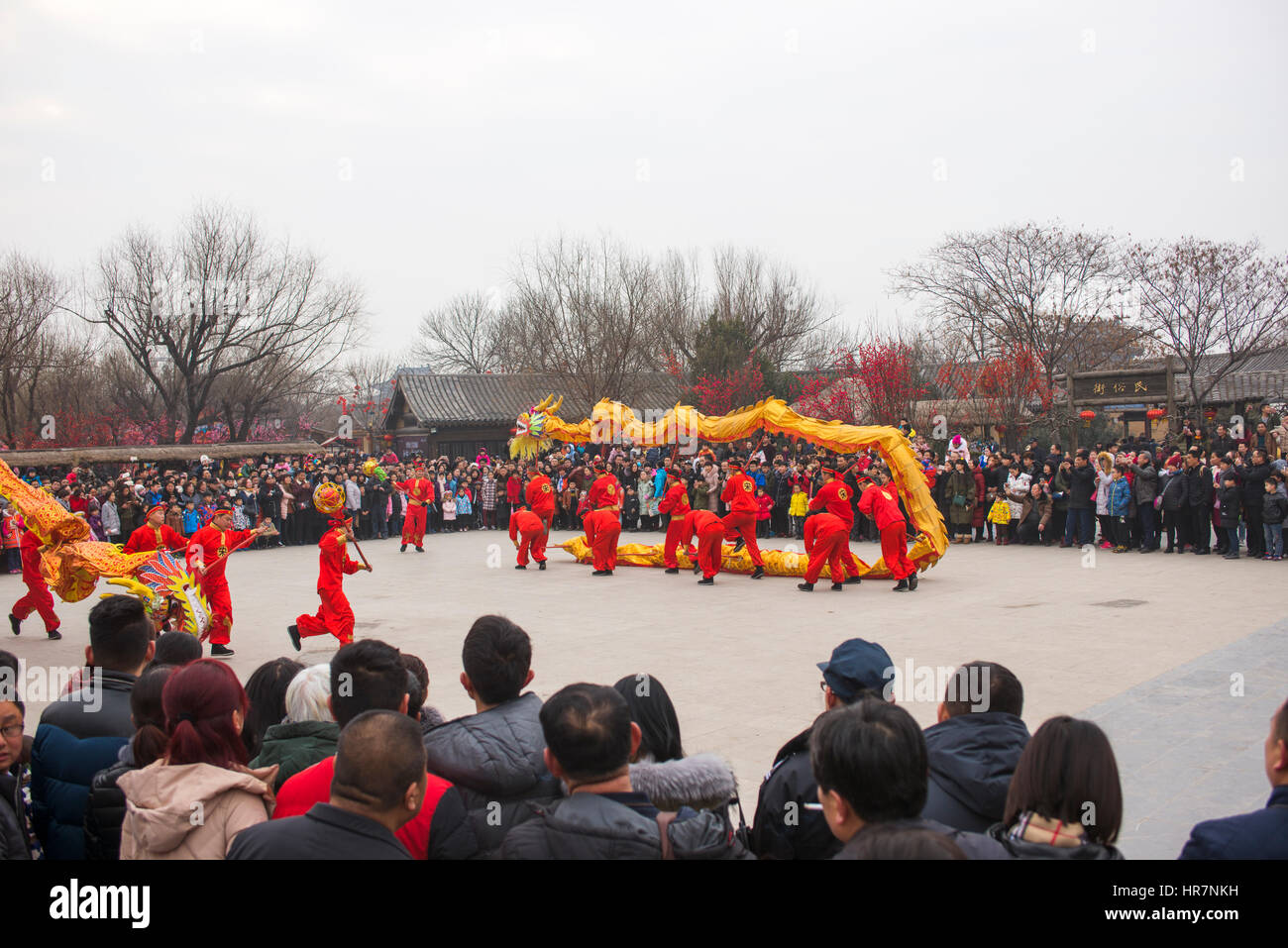 Chinesisch (traditionell) zeigen die Leistung während des Tempels fair. Frühlingsfest jedes year.dragon tanzen Stockfoto