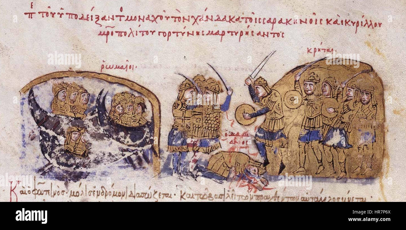 Diese historische Schlachtszene zeigt die kretischen Sarazenen, die die Byzantiner unter dem Kommando von Damianos besiegen. Das Kunstwerk spiegelt die mittelalterlichen Konflikte im östlichen Mittelmeer während der byzantinischen und sarazenischen Kämpfe um Macht und Einfluss wider. Stockfoto