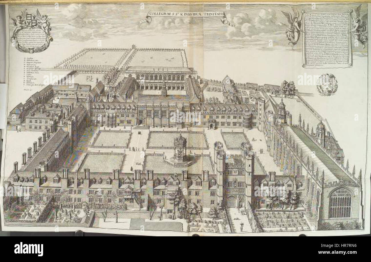 Dieser Stich von Loggan aus dem Jahr 1690 zeigt das berühmte Trinity College in Cambridge und zeigt seine architektonische Pracht und historische Bedeutung in der akademischen Welt. Stockfoto