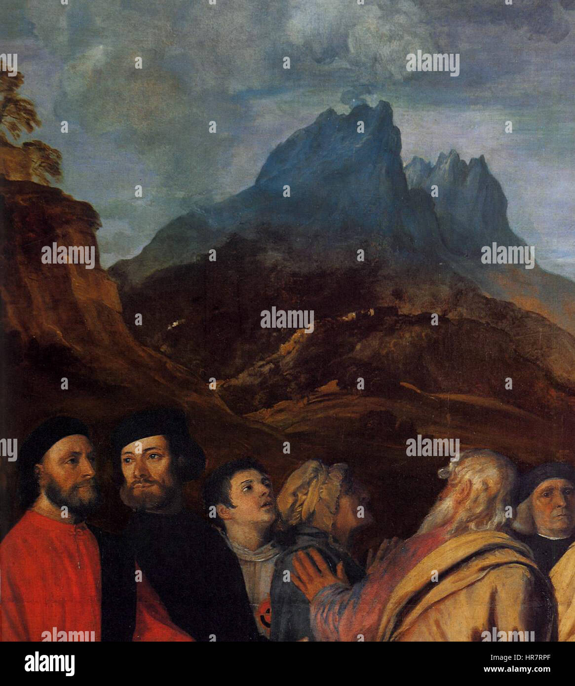 Dieses Detail aus Tizians „Präsentation der Jungfrau im Tempel“ veranschaulicht seine Meisterschaft in der Darstellung religiöser Figuren mit reicher Farbe und Tiefe. Das Kunstwerk beleuchtet den Moment der Präsentation der Jungfrau Maria vor dem Tempel auf eine großartige, aber intime Art und Weise. Stockfoto