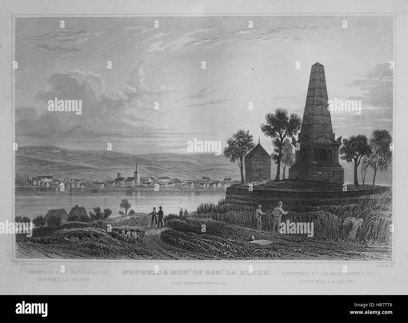 Dieses Gemälde von Tombleson zeigt einen detaillierten Blick auf die Region Neuwied, insbesondere das Gebiet La Hoche. Das Kunstwerk fängt die natürliche Landschaft ein und verbindet realistische Landschaftsbilder mit Lichteffekten in der Umgebung, typisch für die europäische Landschaftskunst des frühen 19. Jahrhunderts. Stockfoto