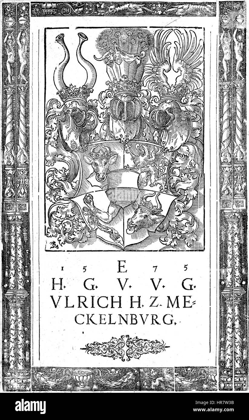 „Wappen des Herzog Ulrich von Mecklenburg“ trägt das Wappen des Herzogs Ulrich von Mecklenburg. Dieses heraldische Design zeigt die edle Abstammung und den Status der Familie Mecklenburg im mittelalterlichen Deutschland. Stockfoto