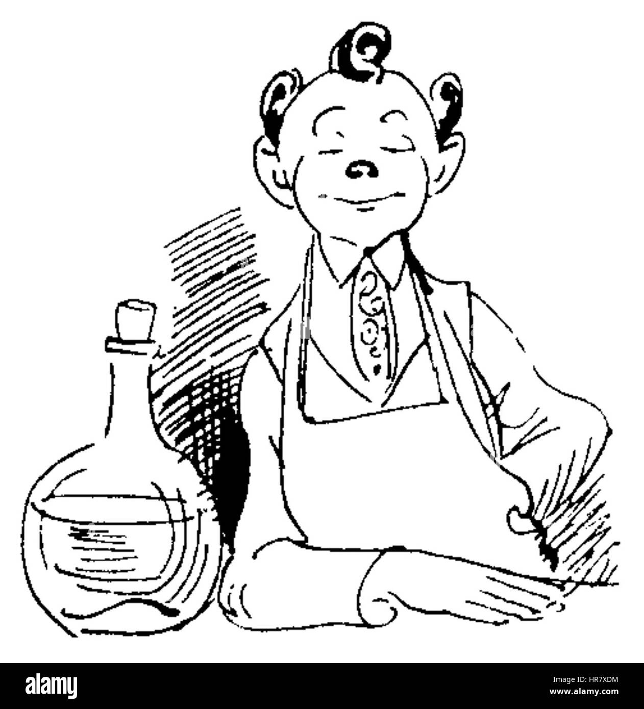 „Der Haarbeutel“ von W. Busch zeigt eine unbeschwerte, humorvolle Szene mit einer Figur und einer Haartüte. Das Bild veranschaulicht Buschs charakteristischen Witz und verspielten, oft satirischen Umgang mit Kunst. Stockfoto