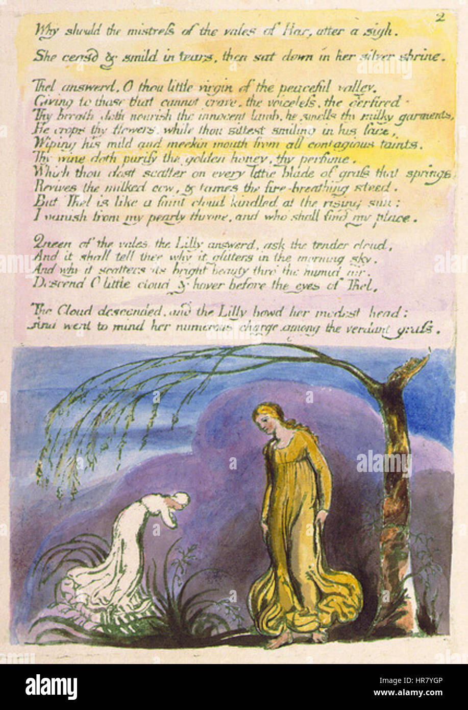 „The Book of Thel“ von William Blake ist ein mystisches Gedicht und eine künstlerische Darstellung von Blakes philosophischen und spirituellen Gedanken. Dieses Exemplar aus dem Jahr 1789 spiegelt Blakes einzigartigen Stil wider und erforscht Themen wie Unschuld, Erfahrung und menschliche Befindlichkeit anhand symbolischer Bilder. Stockfoto