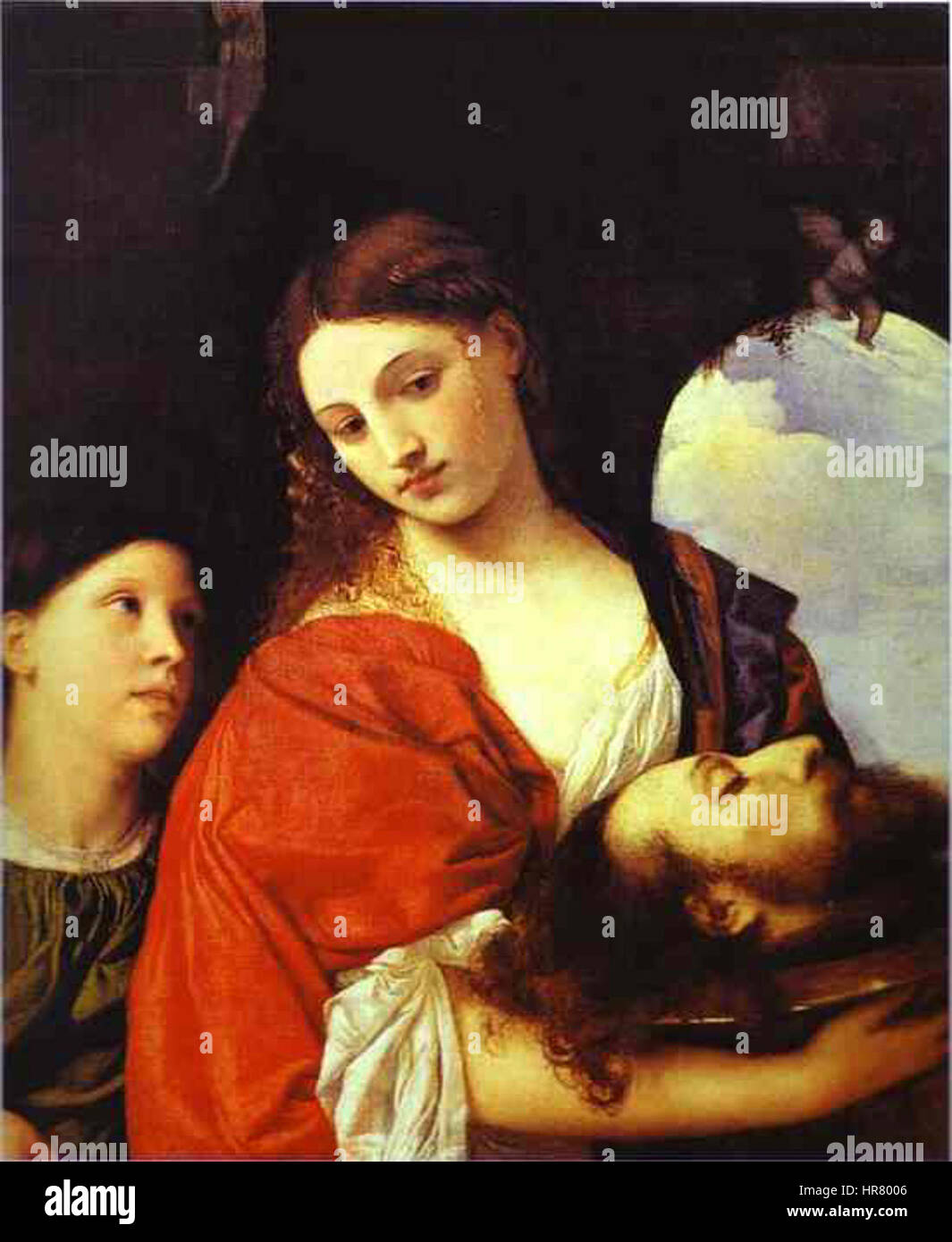 Tizians „Salome“ zeigt die biblische Figur Salome, die für ihren Tanz vor König Herodes bekannt ist. Das Gemälde zeigt sie mit dem Kopf Johannes des Täufers, einen Moment aus dem Neuen Testament. Tizians Beherrschung in Farbe und Detail zeigt sich in der dramatischen Verwendung von Licht und Schatten, die die emotionale Intensität der Szene verstärken. Stockfoto