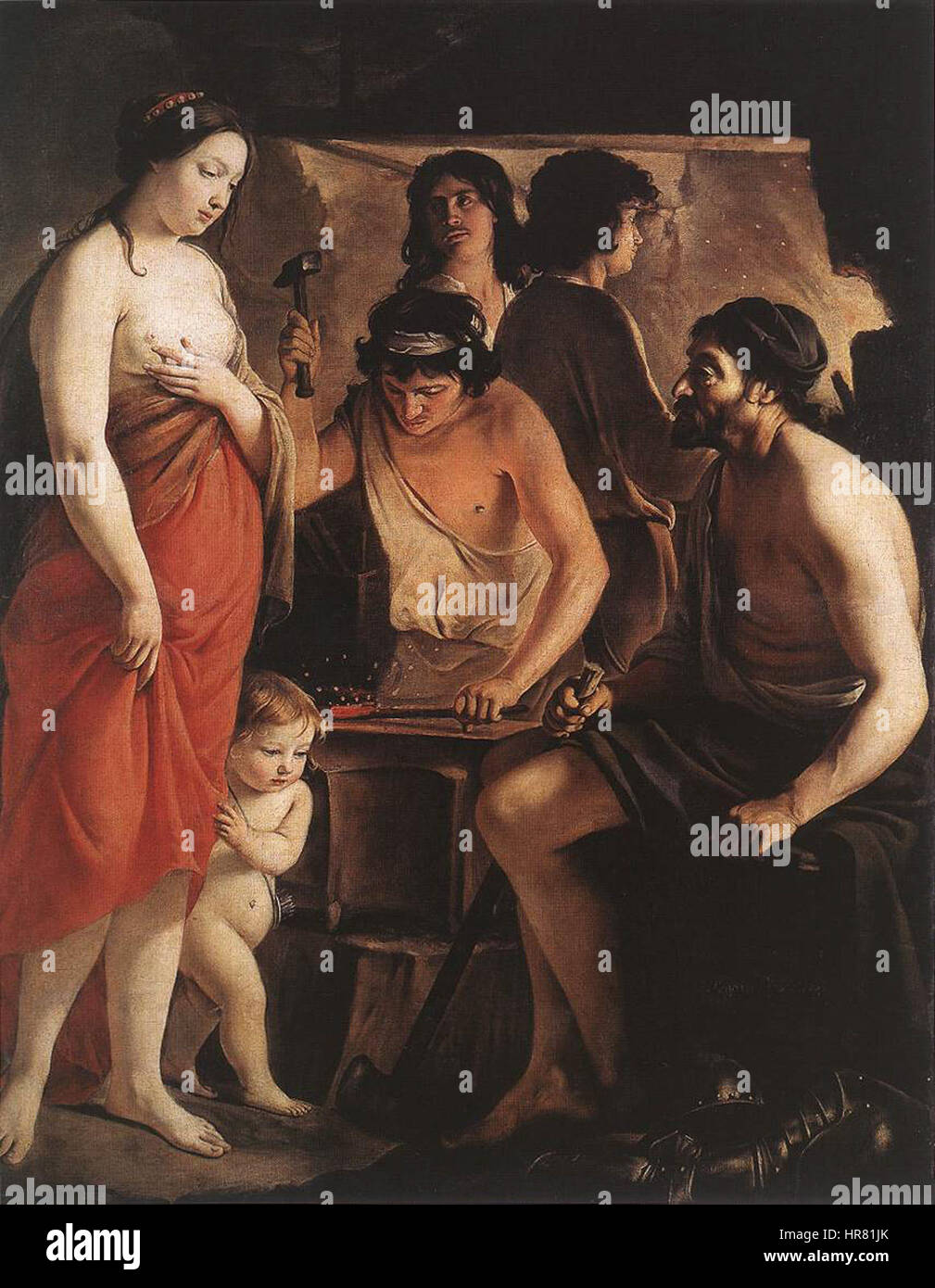 „Venus in der Schmiede von Vulkan“ von Le Nain stellt die Göttin Venus in der Schmiede von Vulkan dar, wo sie ihren Mann, den Gott des Feuers, bei der Arbeit beobachtet. Dieses Gemälde aus dem 17. Jahrhundert verbindet mythologische Themen mit der alltäglichen Umgebung einer Schmiede. Stockfoto