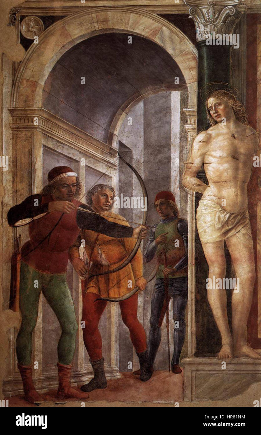 Vincenzo Foppas „St. Sebastian“ ist ein detailliertes religiöses Gemälde, das das Martyrium des Heiligen Sebastian darstellt. Das Werk zeigt Foppas Meisterschaft in der Erfassung des Leidens des heiligen und der emotionalen Intensität der Szene. Stockfoto