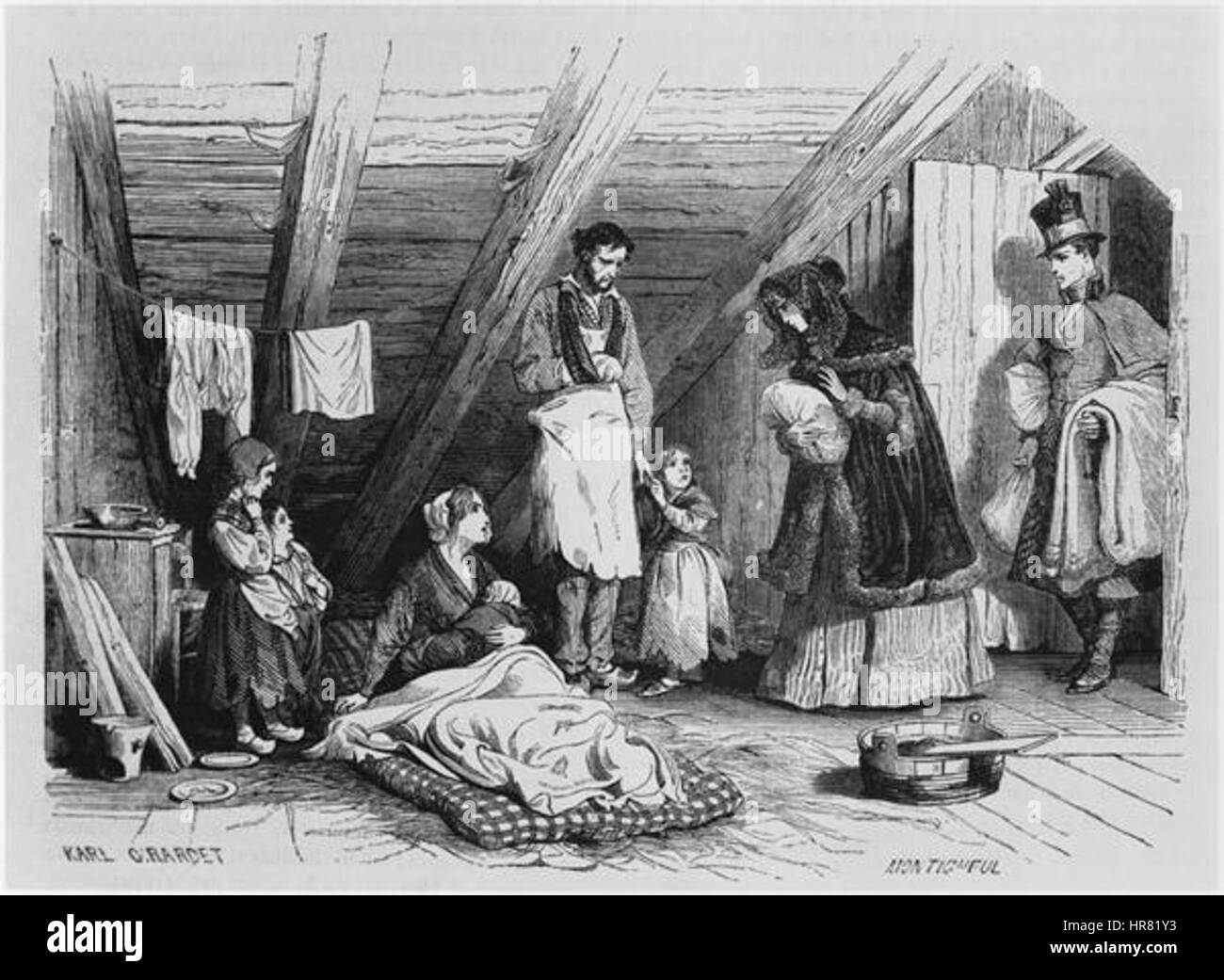 „Besuch der Armen“, eine Illustration aus „Le Magasin Pittoresque“ von Karl Girardet, zeigt den mitfühlenden Akt des Besuchs der weniger glücklichen im Paris des 19. Jahrhunderts. Das Bild spiegelt das soziale Bewusstsein und die karitativen Themen der Zeit wider. Stockfoto