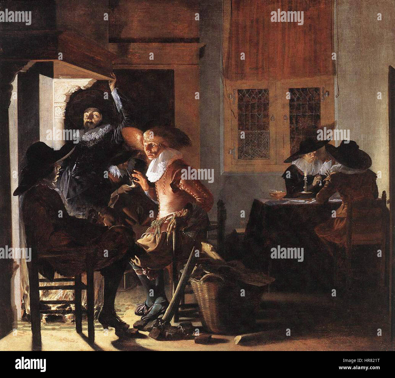 Willem Cornelisz. Duysters „Soldaten neben einem Kamin“ stellt Soldaten in einer häuslichen Umgebung dar, die den Alltag der Militärs im 17. Jahrhundert widerspiegeln. Stockfoto