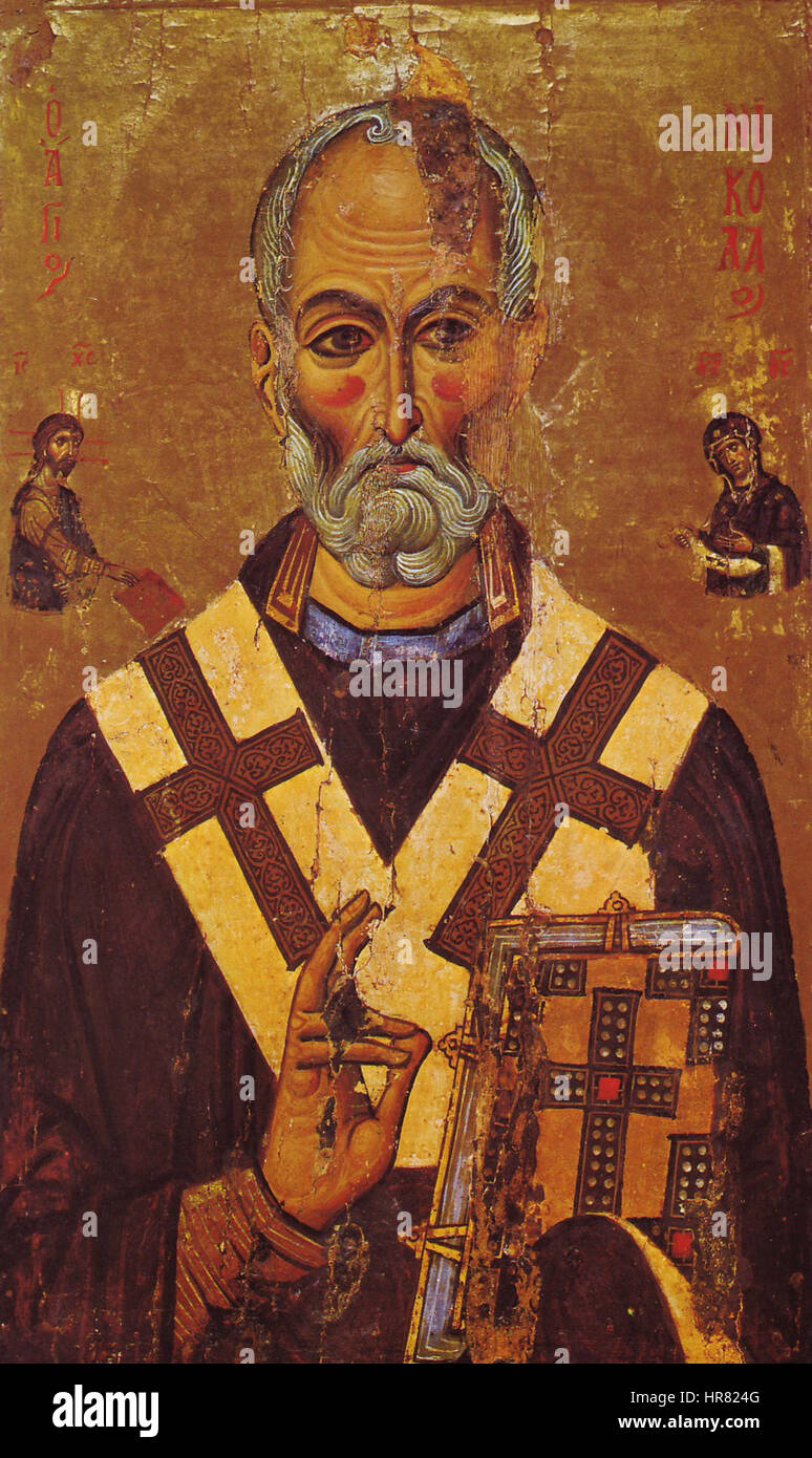 Das „Nikolaisymbol“ aus dem 13. Jahrhundert im Sinai zeigt den Nikolaus in traditioneller orientalisch-orthodoxer Ikonographie. Das Gemälde fängt seine religiöse Bedeutung und Rolle als schutzheiliger ein und hebt detaillierte ikonographische Merkmale hervor. Stockfoto