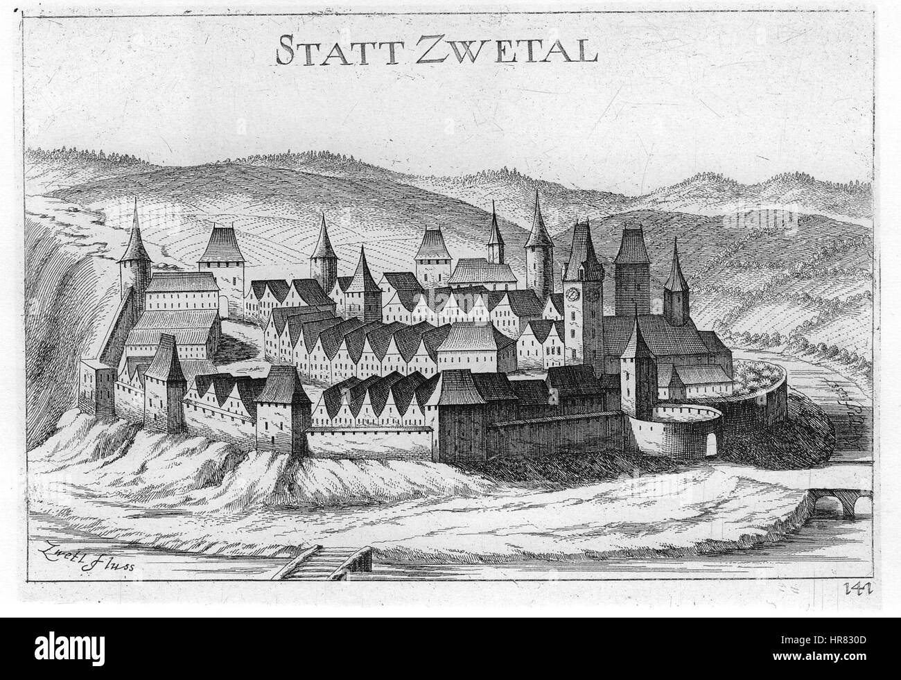 Die 1672 erscheinende Darstellung von Zwettl im Waldviertel in Österreich zeigt eine Momentaufnahme der ländlichen Landschaft und Architektur des 17. Jahrhunderts. Das Gemälde unterstreicht die Einfachheit und Schönheit dieser historischen Stadt. Stockfoto