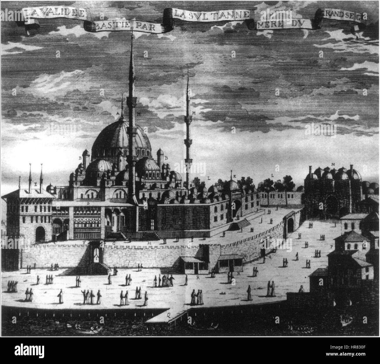 Der Stich der Yeni Valide Moschee bietet einen architektonischen Blick auf die Moschee, eine wichtige historische und religiöse Stätte in Istanbul, Türkei. Das Kunstwerk fängt das komplizierte Design der Moschee und ihre kulturelle Bedeutung als wichtiges Gebäude aus der osmanischen Ära ein. Stockfoto