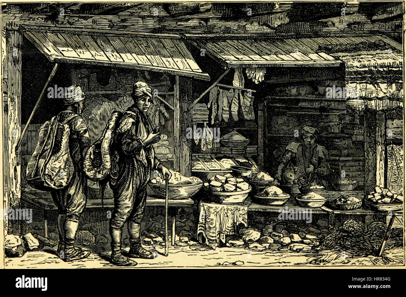 Verney Lovett Camerons Gemälde aus dem Jahr 1889 zeigt die geschäftige Atmosphäre eines Hamals (Portier) und eines Proviant-Ladens in Trebizond und fängt einen Moment des Alltags im Osmanischen Reich ein. Die Szene spiegelt die kulturelle Vielfalt und die wirtschaftliche Aktivität der Region wider. Stockfoto