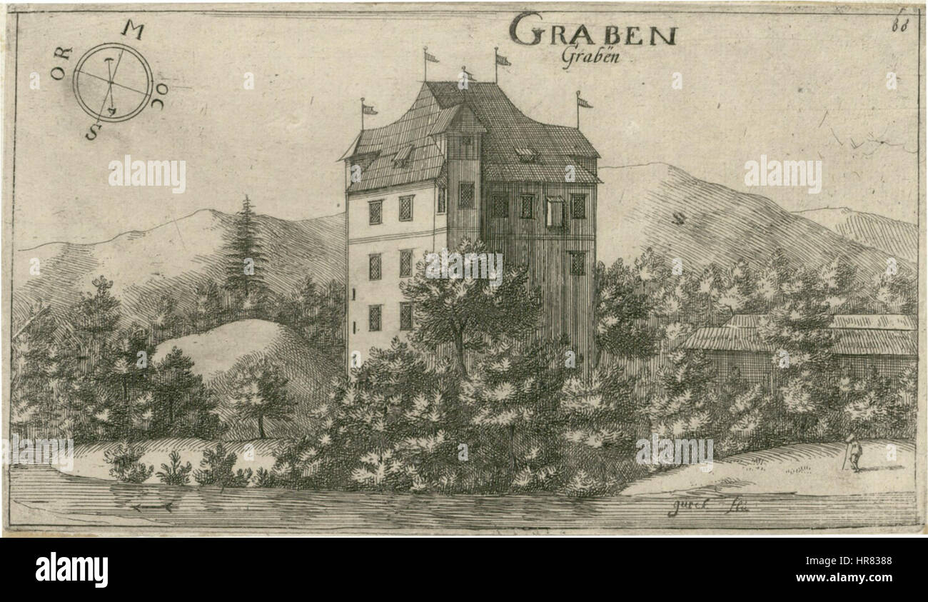 Valvasors Darstellung von Grad Graben bietet einen detaillierten Blick auf diese historische Stätte und zeigt ihre architektonischen Merkmale und ihren geografischen Kontext. Die Arbeit spiegelt die kulturelle und historische Bedeutung dieses Ortes innerhalb der europäischen Geschichte im Mittelalter wider. Stockfoto