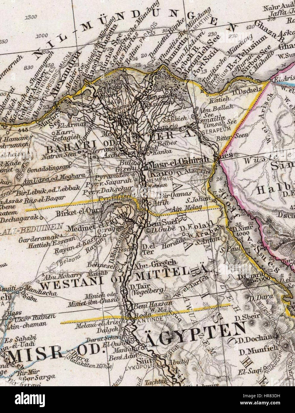 Das Mittellandische Meer und Nord-Afrika von Adolf Stieler ist eine Karte aus dem 19. Jahrhundert, die das Mittelmeer und Nordafrika beschreibt. Stielers Karte ist eine wertvolle Ressource, um die Geographie und die politischen Unterteilungen der Region während der 1800er Jahre zu verstehen Stockfoto